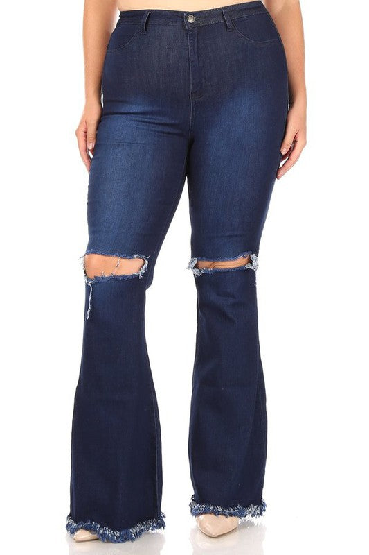Plus size bellbottom jeans with knee slit